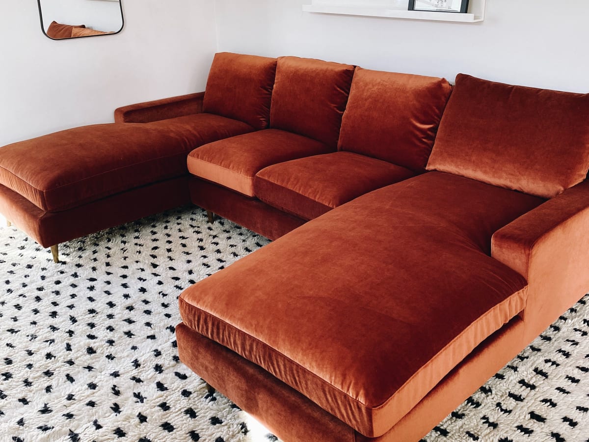 Rust colored outlet velvet couch