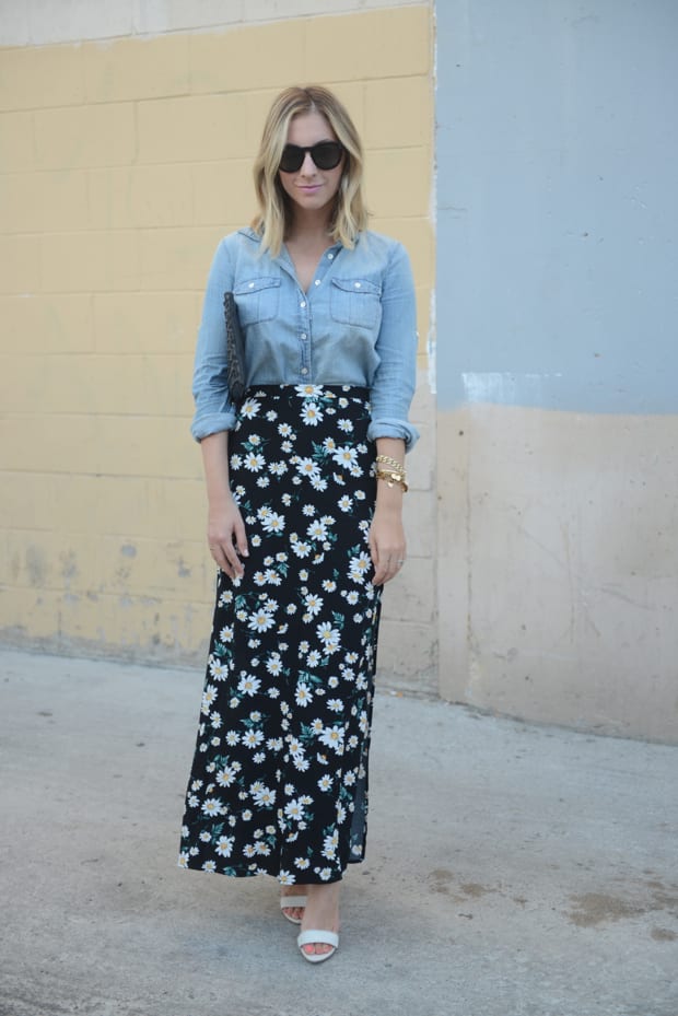 Chambray Button-Down and Daisy Printed Skirt - Cupcakes & Cashmere