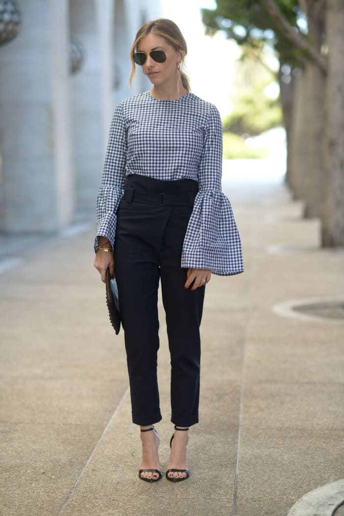 A Blue Gingham Top with Exaggerated Bell Sleeves - Cupcakes & Cashmere