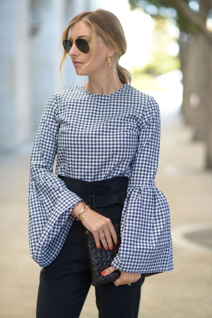 A Blue Gingham Top with Exaggerated Bell Sleeves - Cupcakes & Cashmere