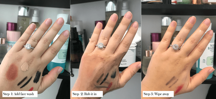 À titre de comparaison, j'ai utilisé le nettoyant pour le visage de Glossier (qui est l'un des meilleurs sur le marché) sur les mêmes produits et, après un double nettoyage, j'ai toujours eu des résultats ternes.