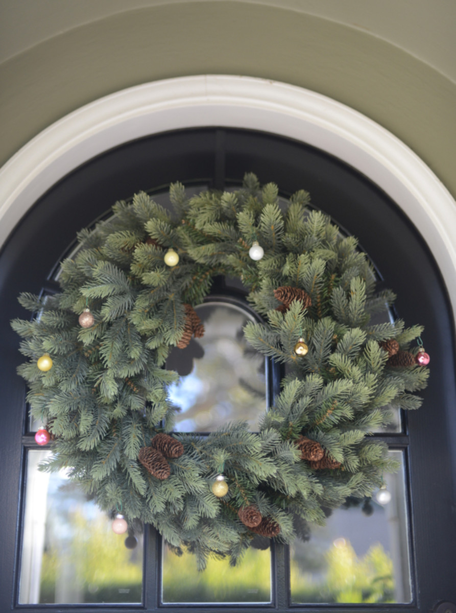 Our front door wreath with miniature ornaments