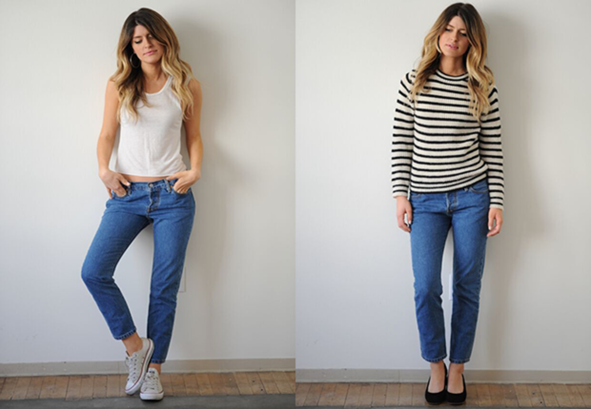 Left, with flat Converse sneakers; right, with mid-height pumps 