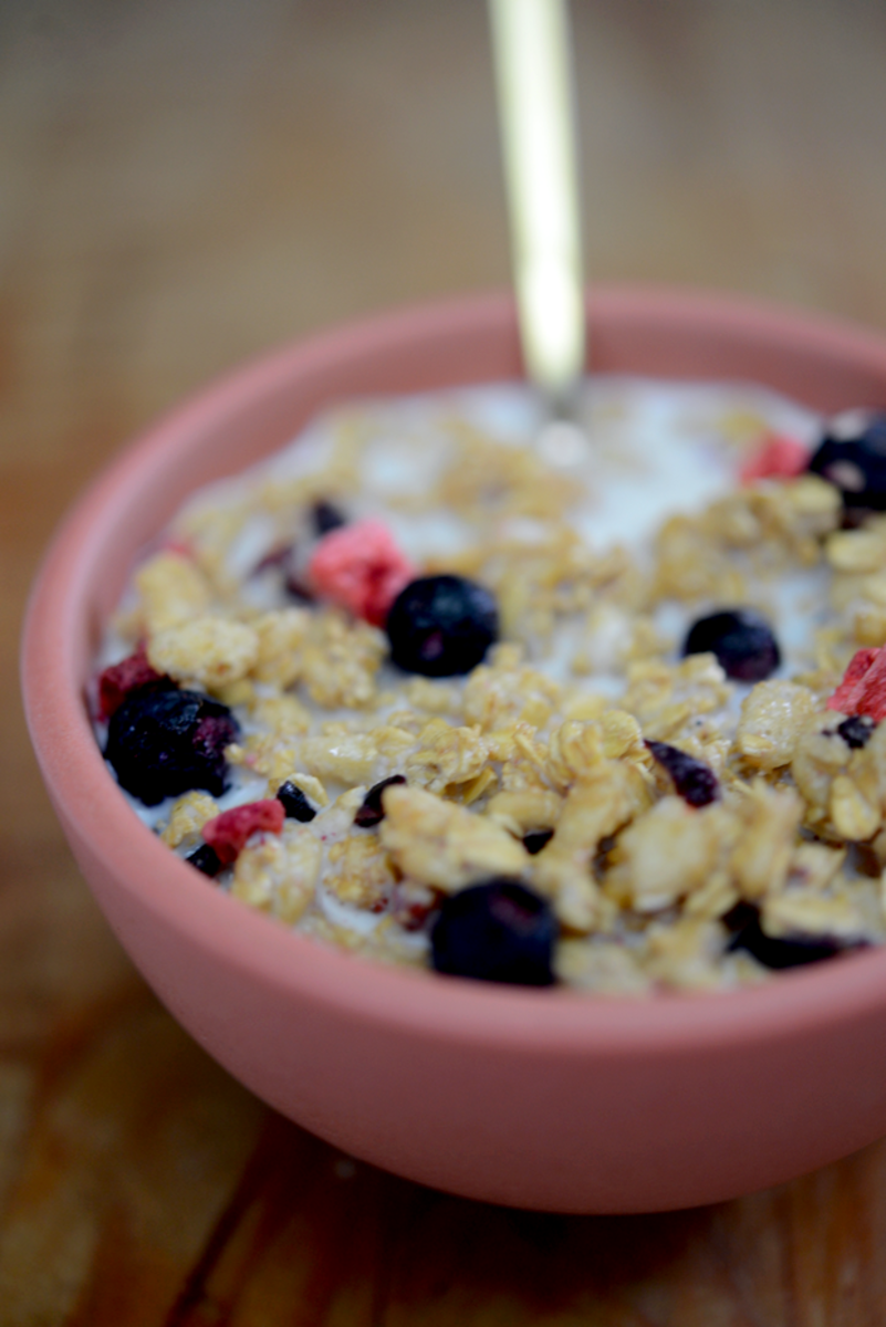 {Tuesday's snack: berry granola cereal with almond milk} 
