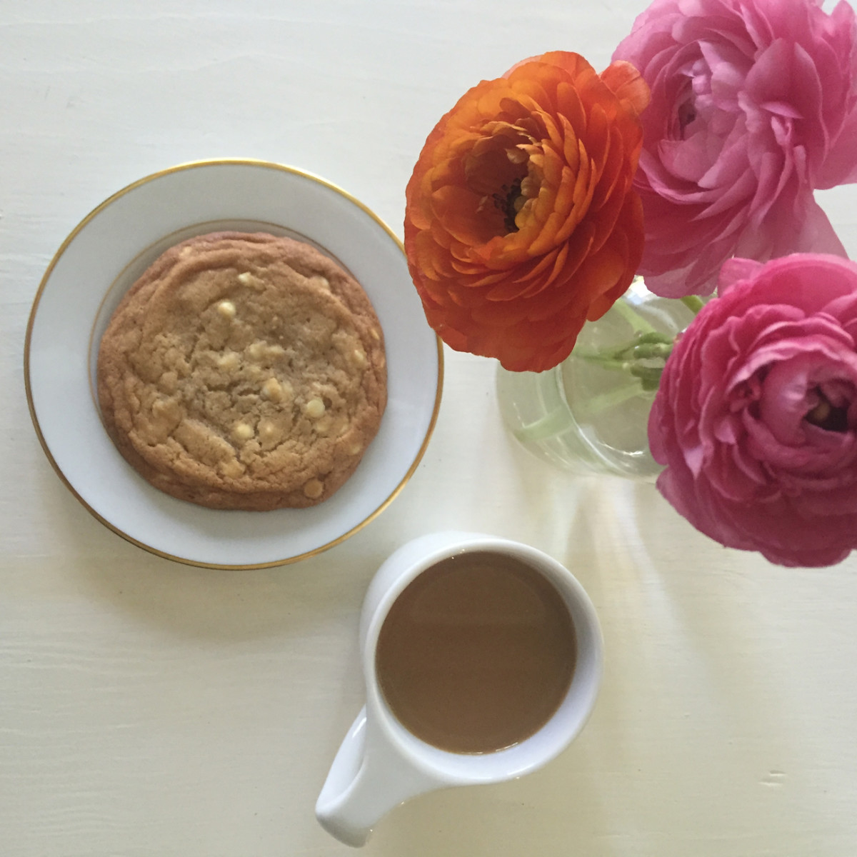 {Afternoon snack: homemade white chocolate chip cookie + coffee}