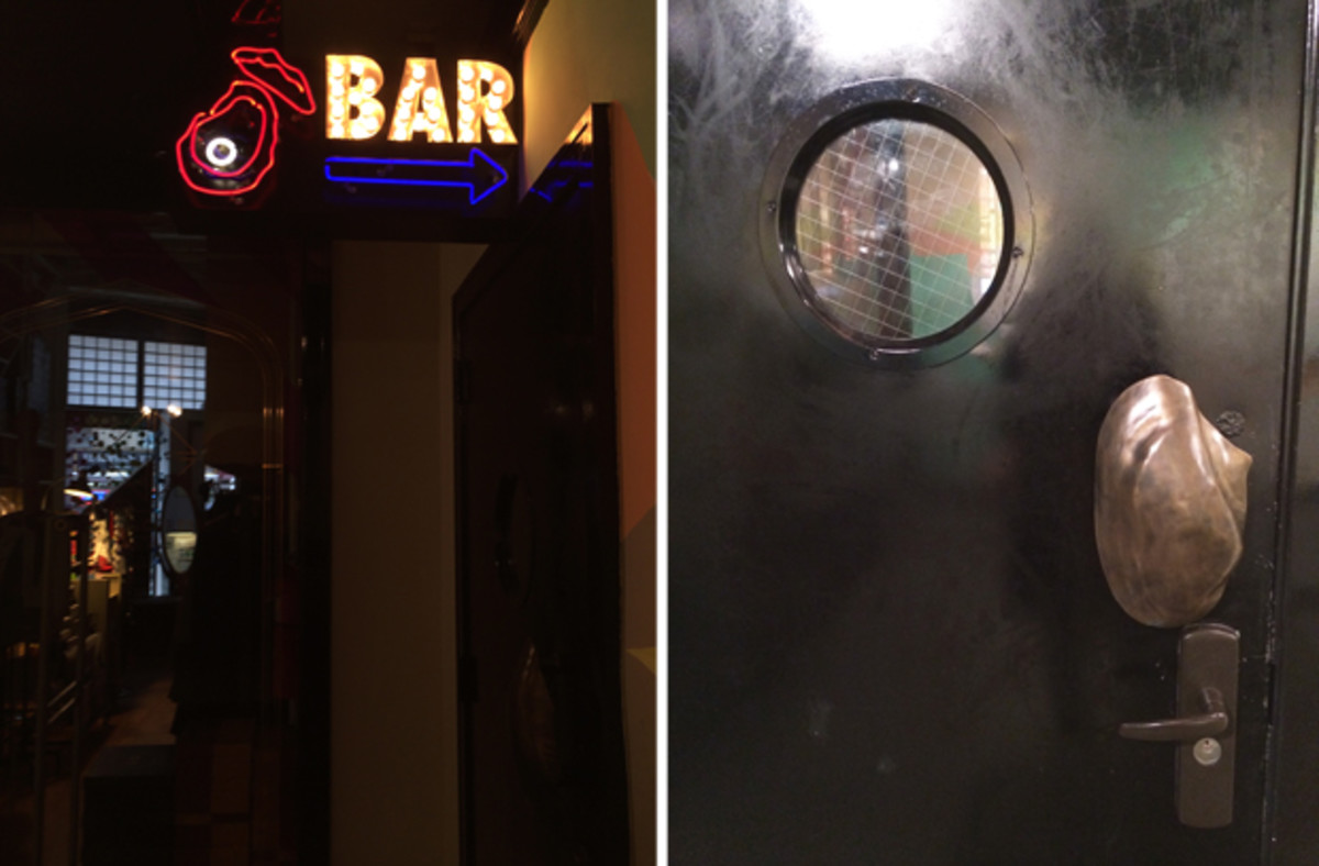  {An oyster bar with a clever, shell door handle}