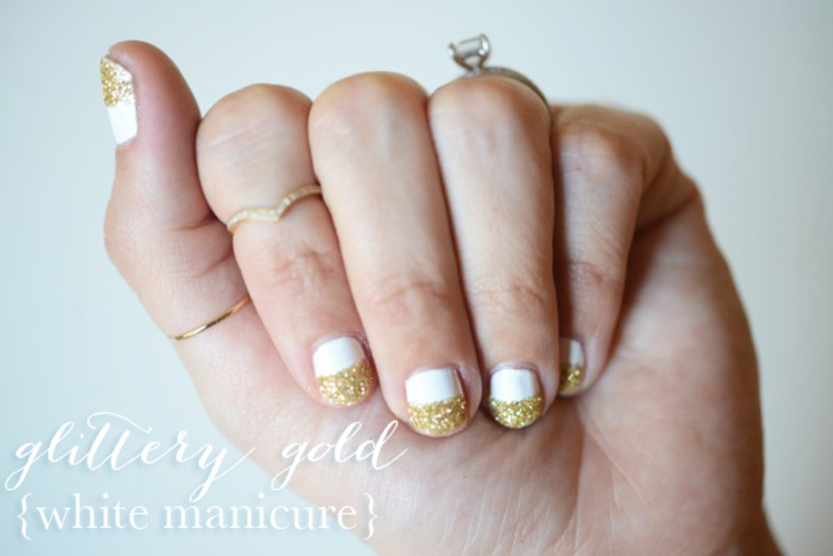 Glittery Gold White Manicure - Cupcakes & Cashmere