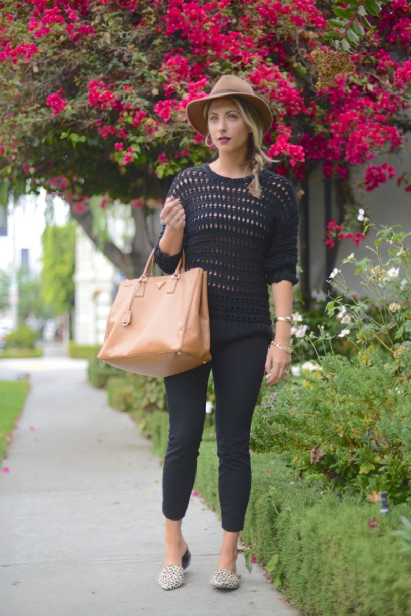 J.Crew Hat (similar here), Joie Sweater c/o, J.Crew Pants, Jenni Kayne Flats, Prada Purse, Aerin Lipstick in "Mercer," (also, J.Crew is having 25% sale on pretty much everything, both in-store and online)