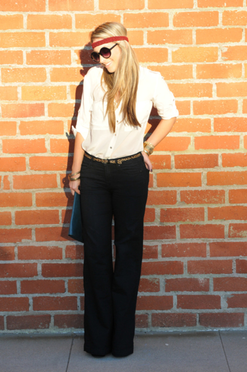 Express Button-down, Topshop Headband, Free People Sunglasses, 7 For All Mankind Trousers, J.Crew Leopard Belt, Vintage Bracelets and Ring, Michael Kors Watch, Jeffrey Campbell Wedges, Coach Clutch