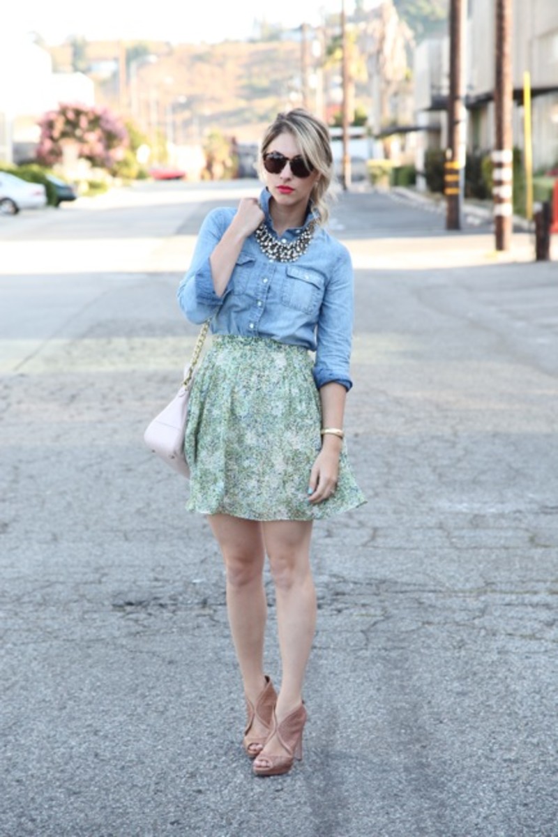J.Crew Top and Skirt, Marc by Marc Jacobs Sunglasses, Cupcakes and Cashmere for COACH Bag, Madewell Necklace, Prada Heels