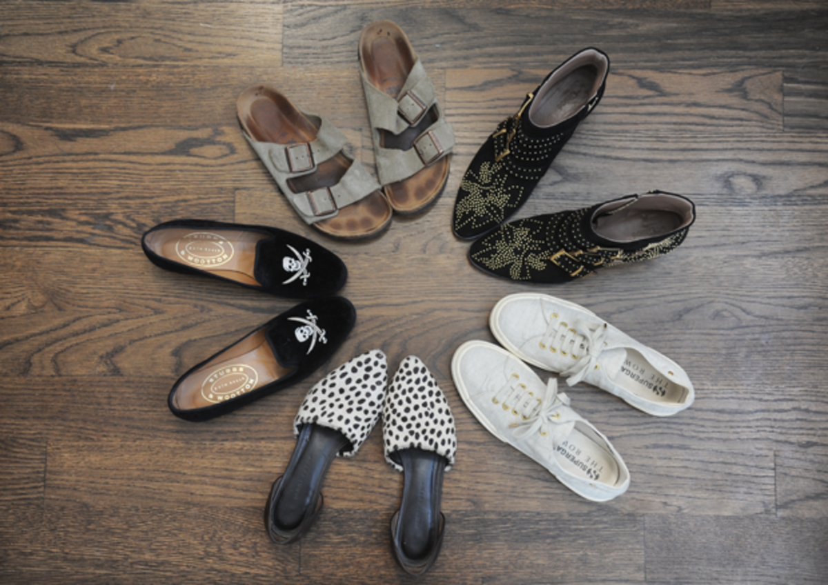  {My footwear rotation for the past few weeks. Jenni Kayne D'Orsay Flat, Superga X The Row Sneakers (no longer available), Chloe Studded Booties, Birkenstock Arizona, Stubbs & Wootton Slippers}