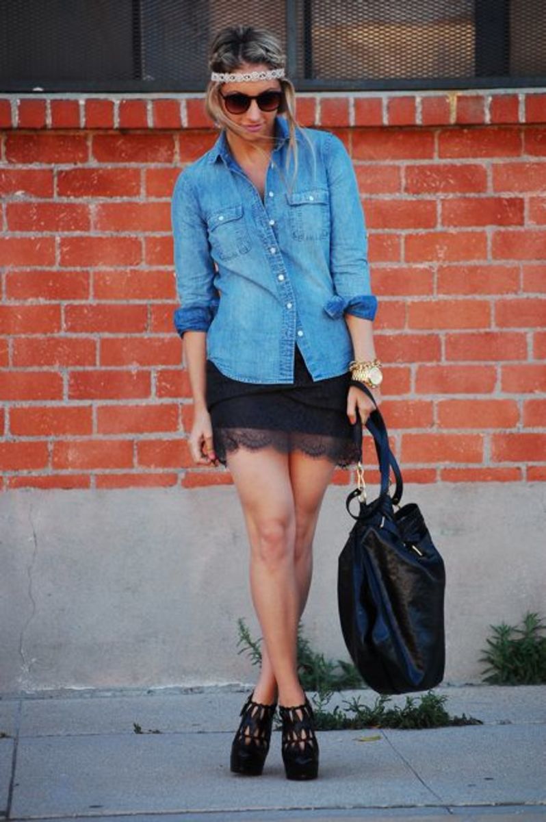 J.Crew Selvedge Chambray Shirt, Anthropologie Headband, Vintage Glasses, Michael Kors Watch, Topshop Lace Skirt, Alaia Platforms (seen here, here and here) Gifted Coach Leather Large Drawstring Bag