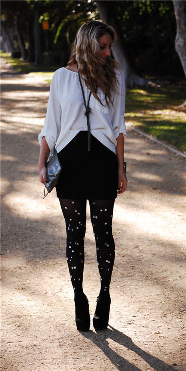 Zara Blouse, Martin + Osa Necklace, H&M Skirt, Urban Outfitters Bracelet, Vintage Clutch, DIY Tights, Steve Madden Booties
