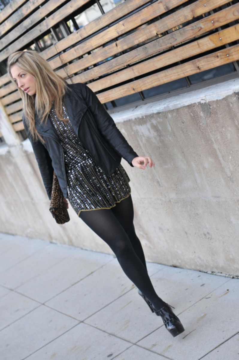 Vince Leather Jacket, Parker Sequin Tunic (c/o), Reiss Clutch, Hue Tights, Alaia Platforms