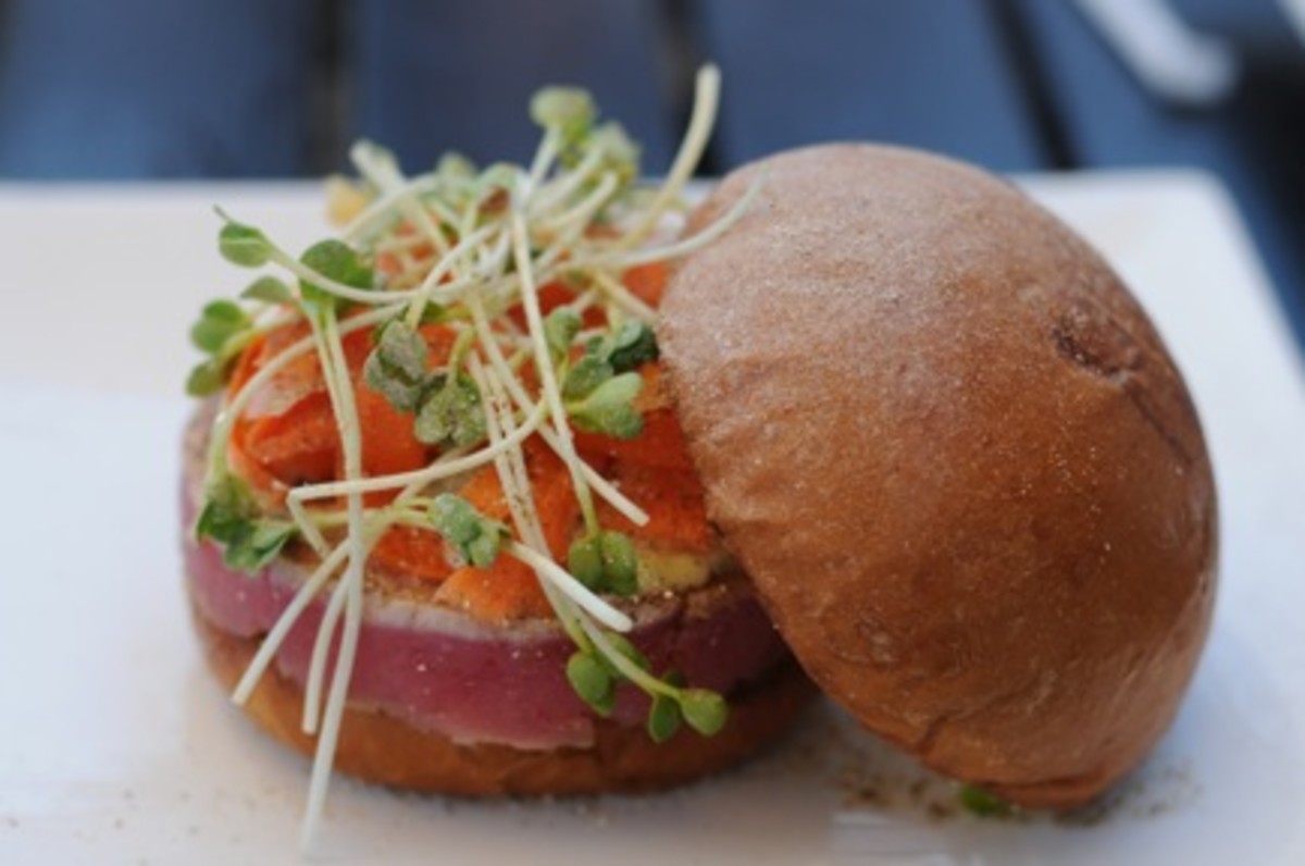Ahi Tuna Burger {ahi patty, sprouts, pickled carrots, avocado and wasabi powder}