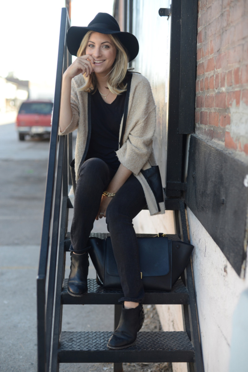 {Topshop Hat, Erin Kleinberg Sweater c/o, T by Alexander Wang Shirt, McGuire Jeans, H by Hudson Booties, Celine Bag}