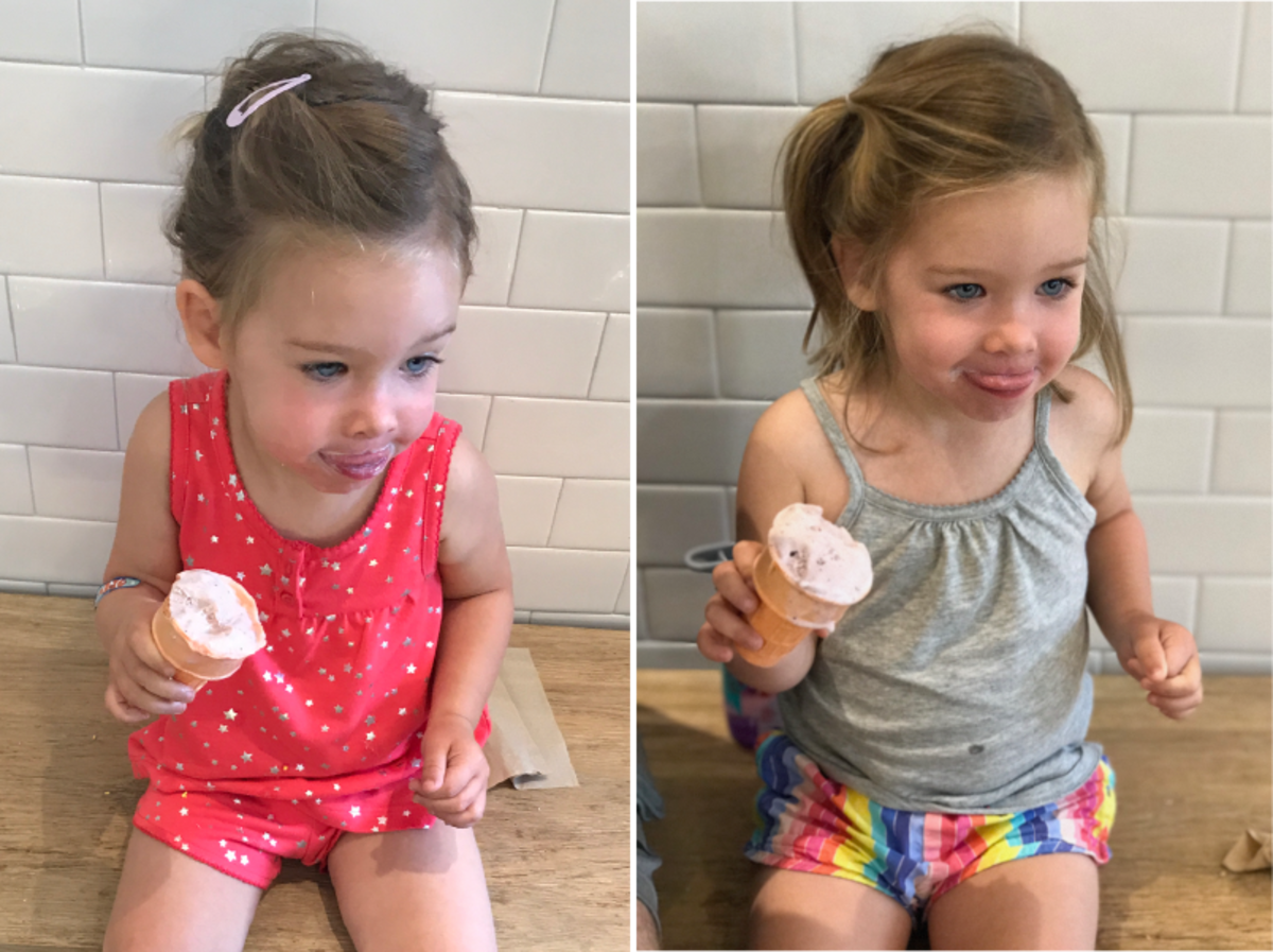 {Sloan's first and second ice cream cones, respectively. She's all about strawberry—mainly because it's pink.}