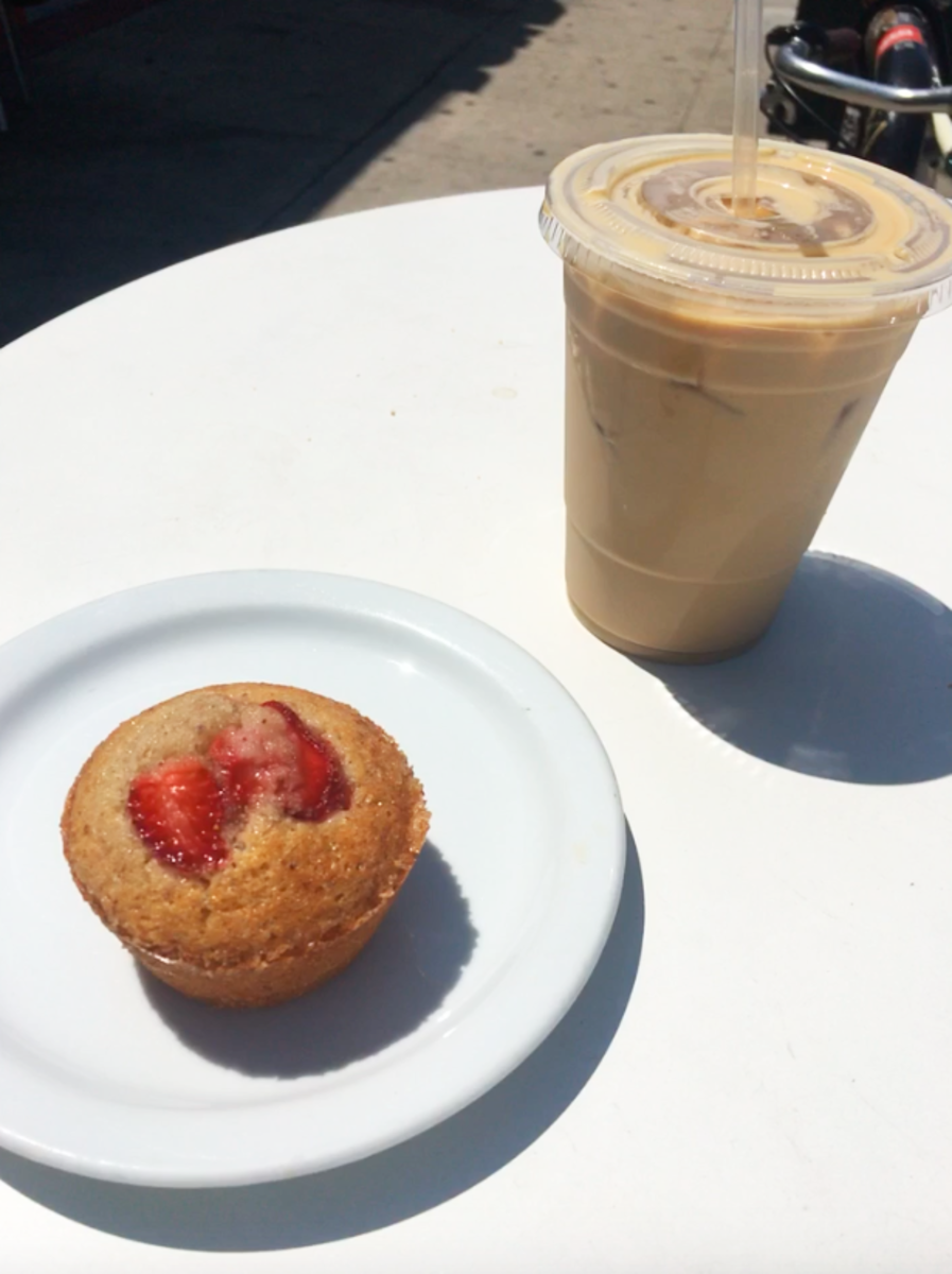 Iced latte + strawberry financier at Proof 
