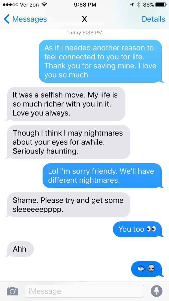 My text conversation with Cristina (aka 'X-Tina/X') shortly after I got home.