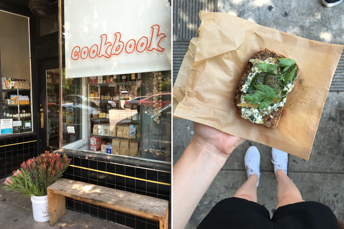 Left: Cookbook in Echo Park; Right: The trout and ricotta toast from cookbook.