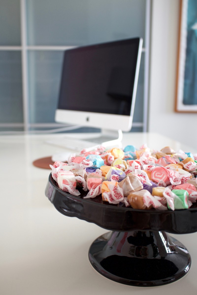 {Repurposing G’s cake stand for salt water taffy Alina brought back from Maine (not tempting at all)}