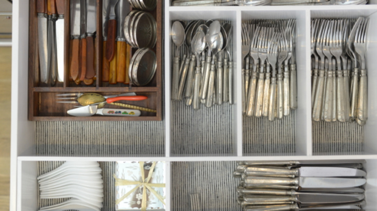 Thea's awesomely-organized cutlery drawer, with fabric liner picked up on a trip to Israel 