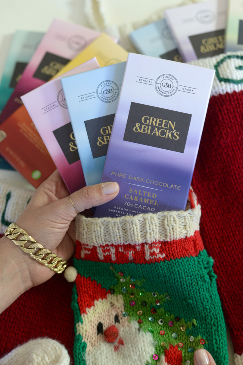 {Stuffing stockings with ombre arrays of delicious GREEN & BLACK'S chocolate bars. The packaging is beautifully designed and I’m obsessed with Pure Dark Chocolate with Salted Caramel flavor.}