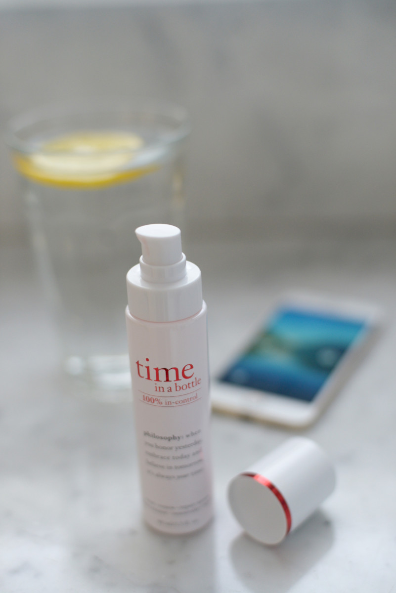{My new morning routine: Philosophy’s new time in a bottle 100% in-control serum, a large glass of lemon water, and my meditation app}