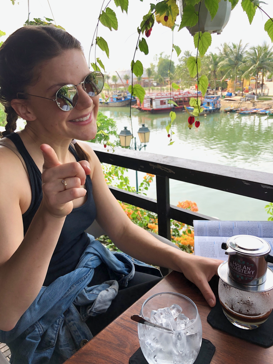 Ca Phe Sua Da and a view of the river from a Hoi An Roastery.