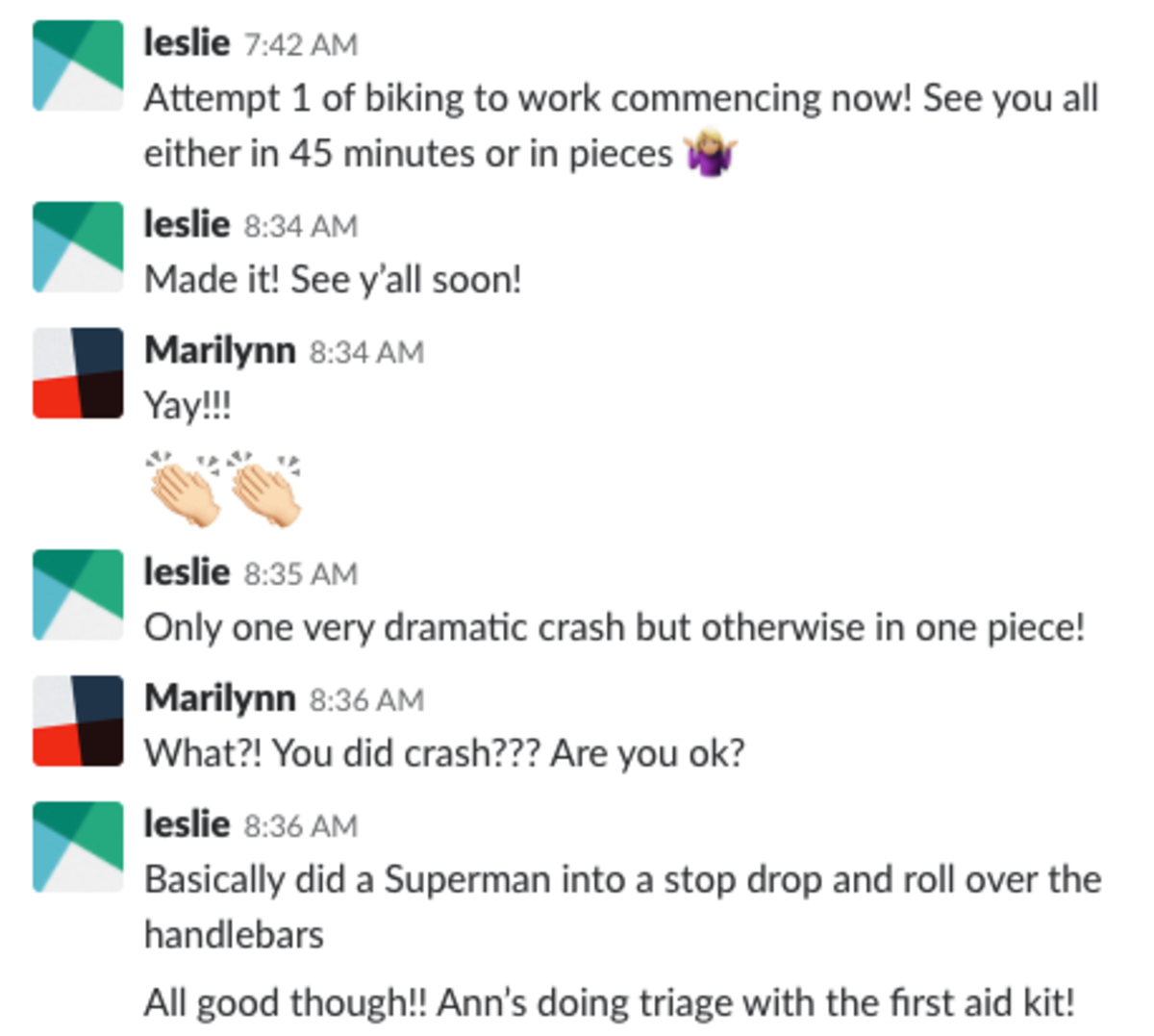 Our team's Slack channel from my first morning biking.