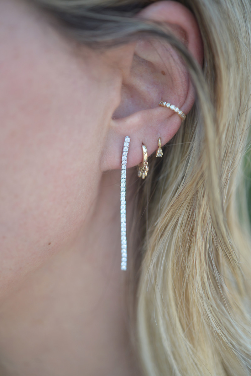 Earrings currently on my left ear: The Last Line Diamond Tennis Earring, Jacquie Aiche Shaker Hoop (more affordable version here), Maria Tash Small Diamond Hoop