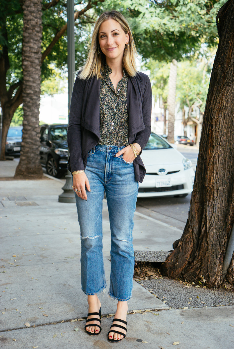 Thursday: Cupcakes and Cashmere Jacket, Doen Blouse, Ariel Gordon Hoops, Citizens of Humanity Denim, Charlotte Stone Shoes