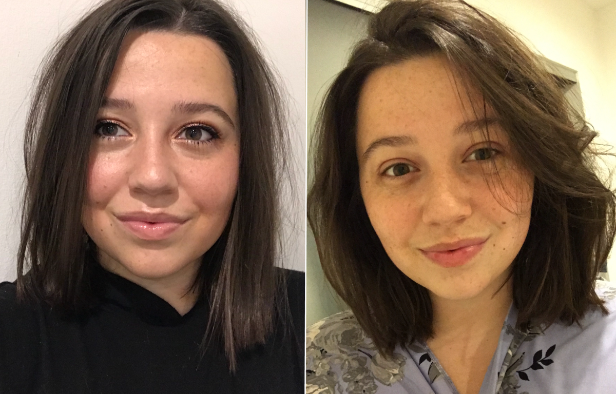 Left: Full makeup (liner, glitter, foundation), Right: Bare face after one 1-minute balm cleanse
