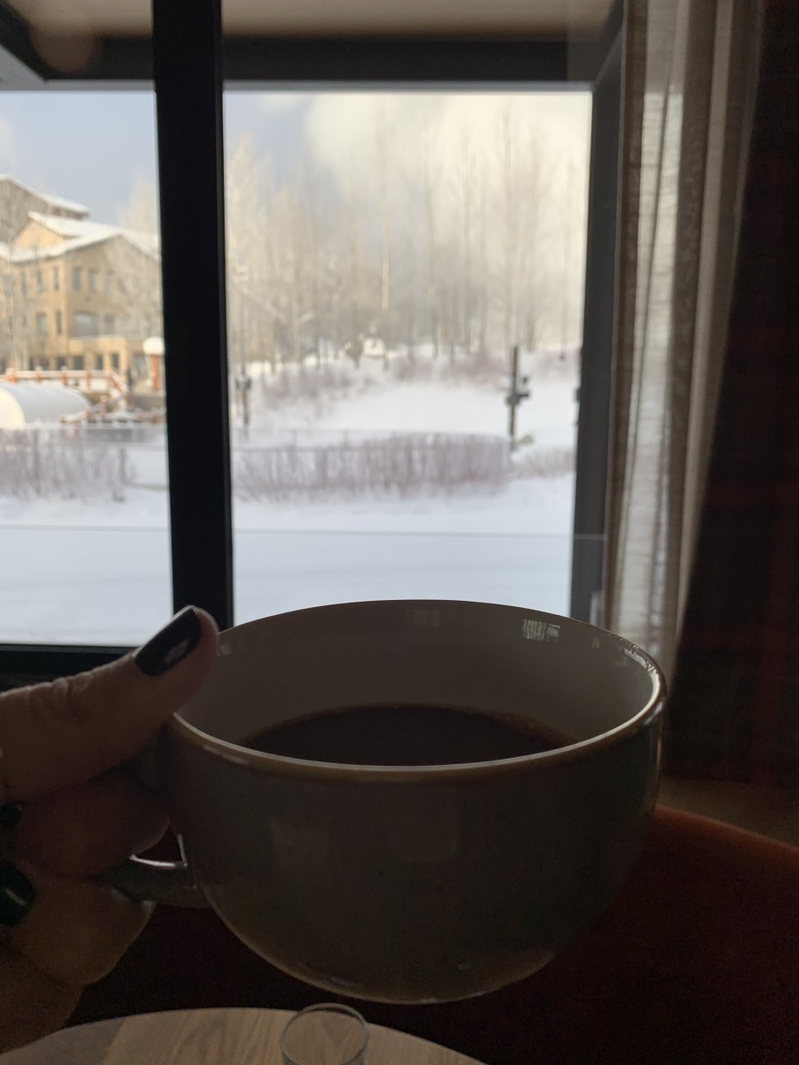 {Coffee with a snowy view}