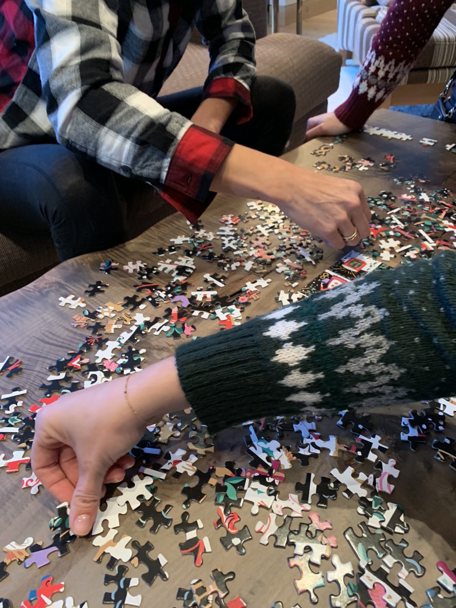 {Puzzling with cocktails (my sweater's available on clearance here)}