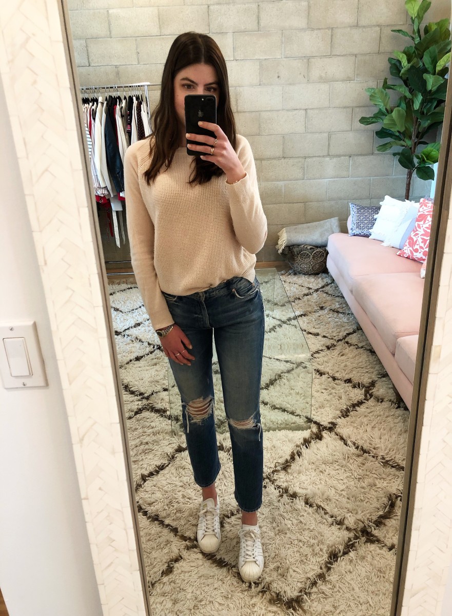 Theory sweater (similar here), MOTHER jeans, personalized Adidas sneakers 