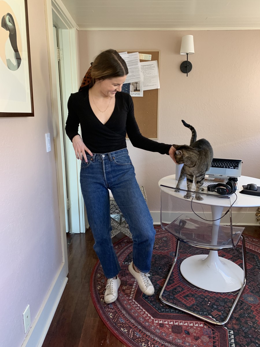 Madewell Hair Scarf, Madewell Bodysuit, Vintage Levi's, Sezane Sneakers (similar here), Victoria Cunningham Disc Necklace
