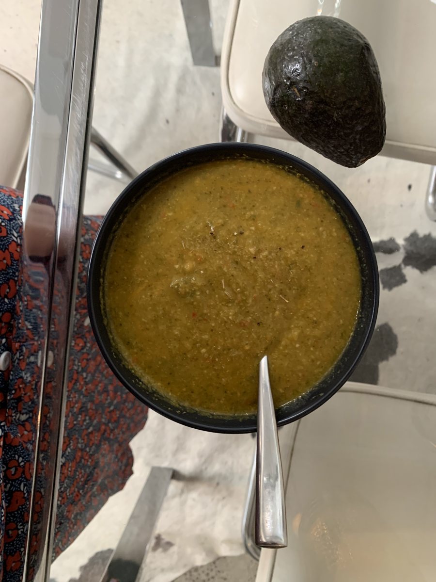 12:30 AM 1 bowl-full Goop Spring Vegetable Soup + 1/2 cup cashews + 1 avocado