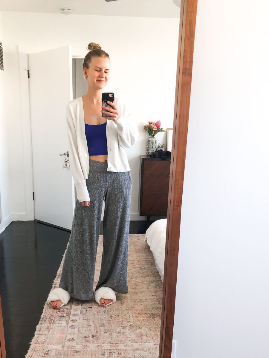 Wednesday: Zara Cardigan, Free People Tank, Lou and Grey Pants (similar here), B the Label Indoor Slippers