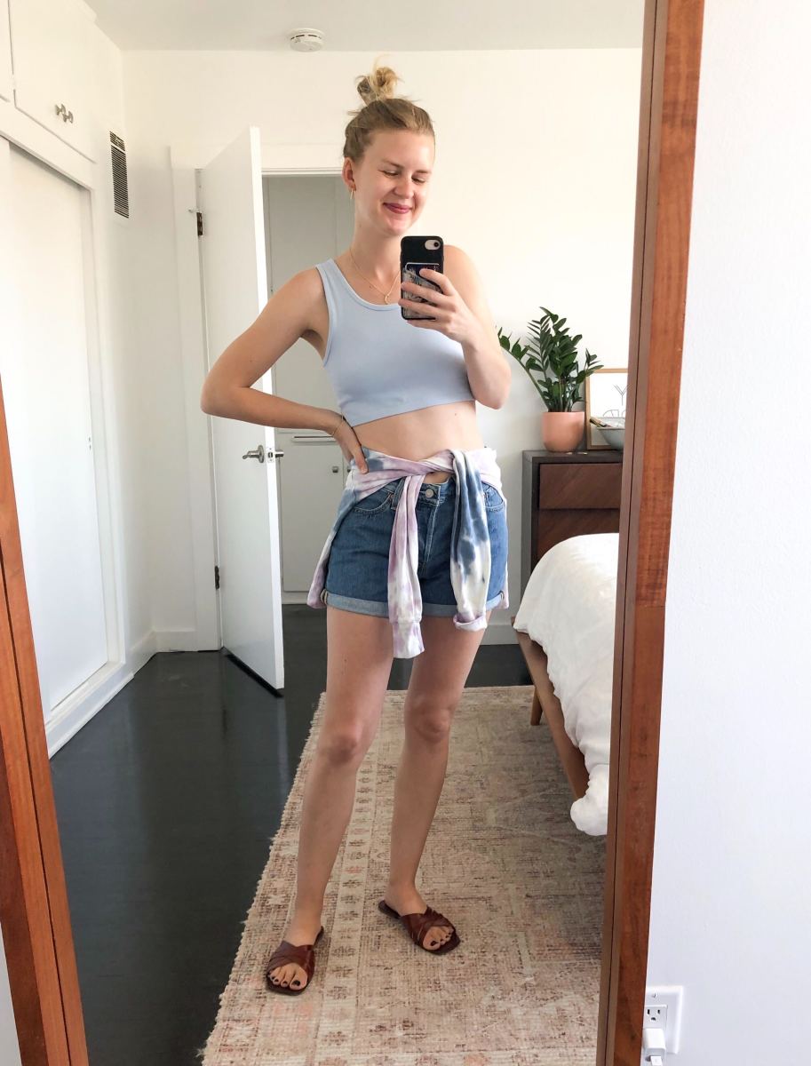 Thursday (Kelly, Marketing Manager): Aerie Tank, Levi's Shorts (similar here), Spiritual Gangster Sweatshirt (similar here), Jeffrey Campbell Sandals, Eve Crescent Moon Necklace