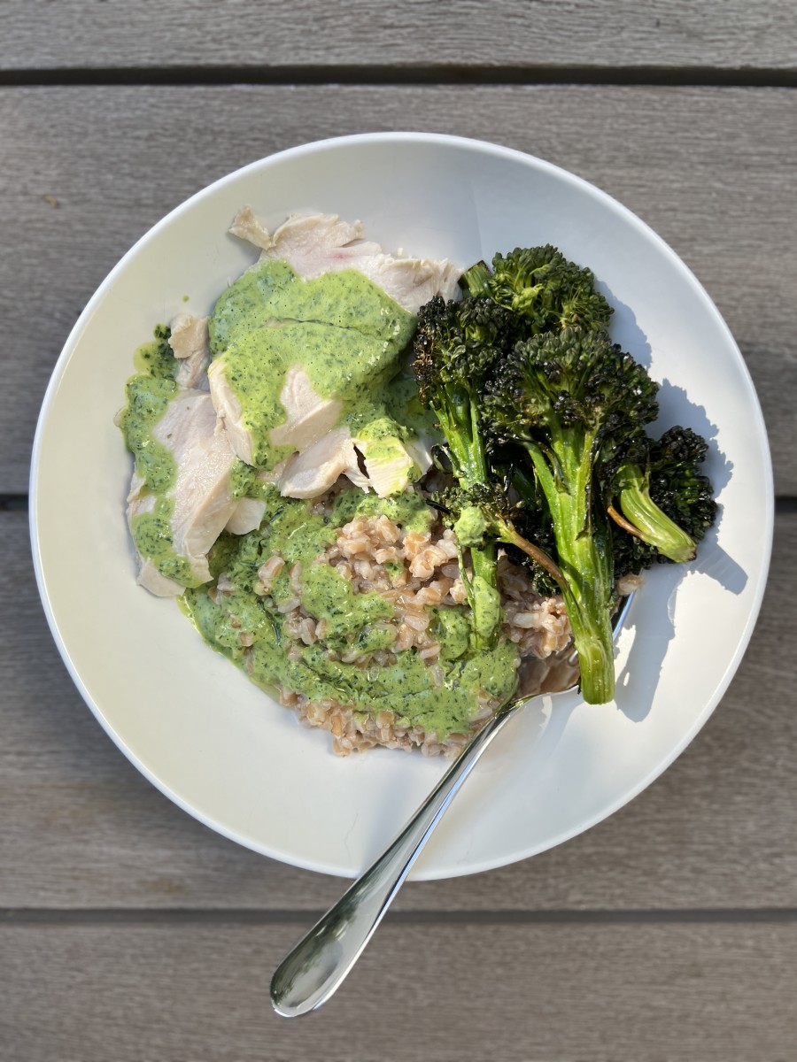 poached chicken with farro and broc