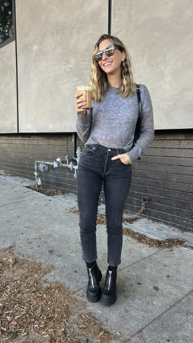 Urban Outfitters Sunglasses, & Other Stories Sweater, Agolde Jeans, Ganni Boots (similar here), Celine Bag